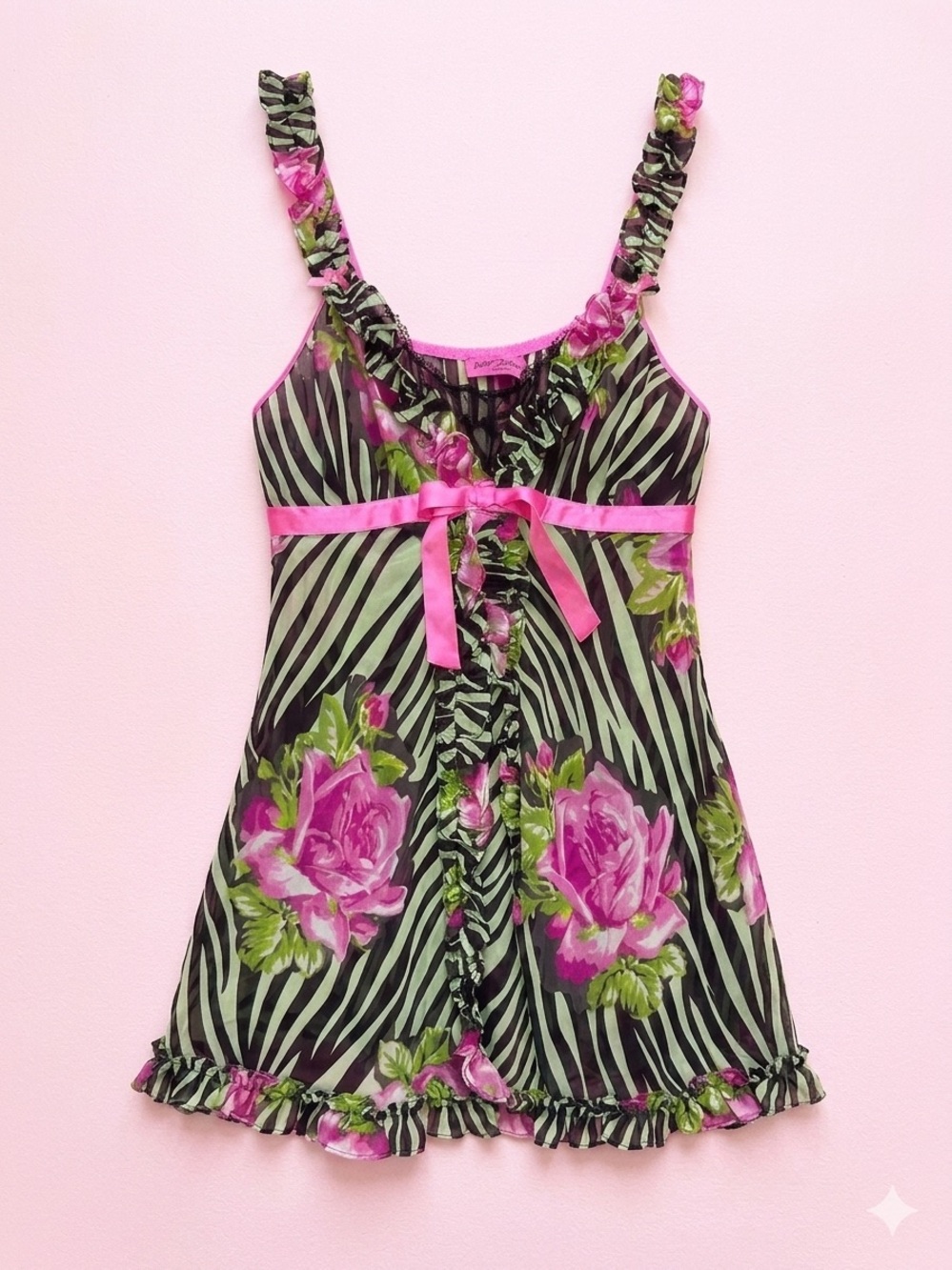 Betsey Johnson Intimates Y2K Zebra Floral Mesh Babydoll Lingerie Chemise Medium